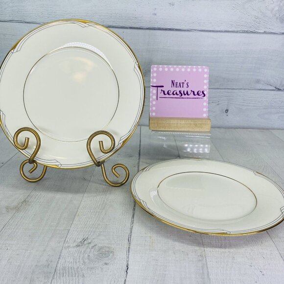 Noritake GOLDEN COVE Traditions Gray White Geometric China Salad Plates Set 2